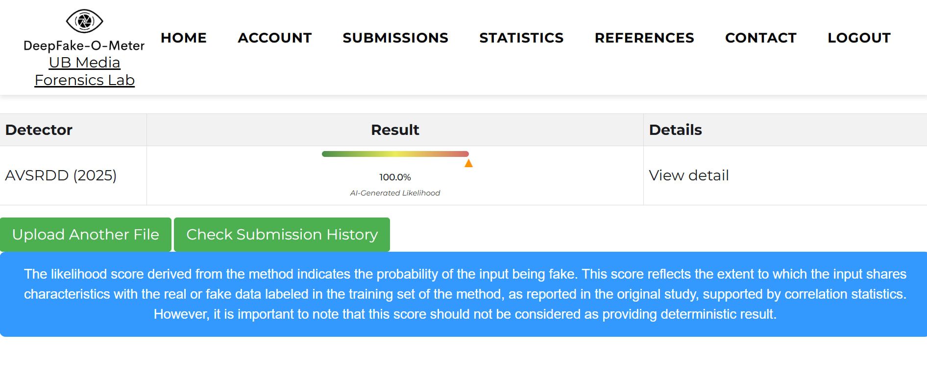 نتيجة فحص الفيديو عبر أداة Deep Fake O Meter