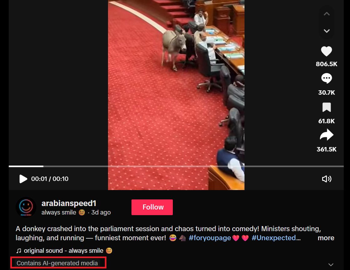 موقع تيك توك يشير إلى أن الفيديو مُنشأ بالذكاء الاصطناعي