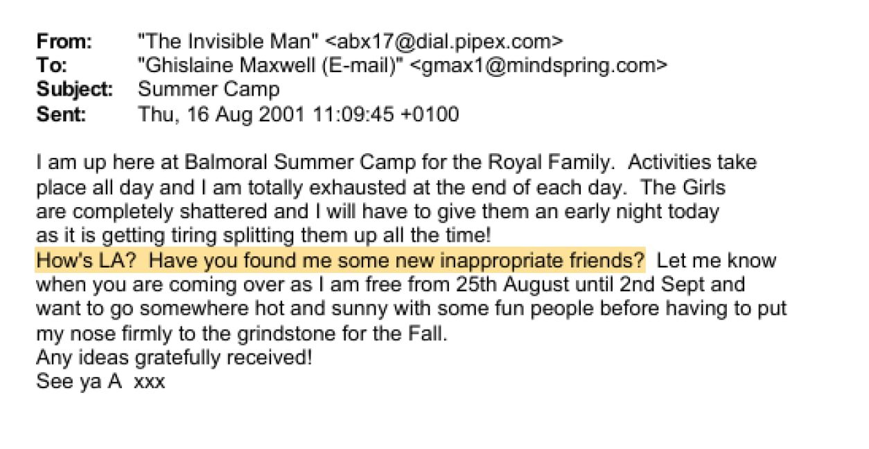 رسالة بريد إلكتروني، تعود إلى أغسطس/آب 2001 بين غيسلين ماكسويل، شريكة إبستين، وشخصٍ يُعرف باسمٍ مستعارٍ هو 