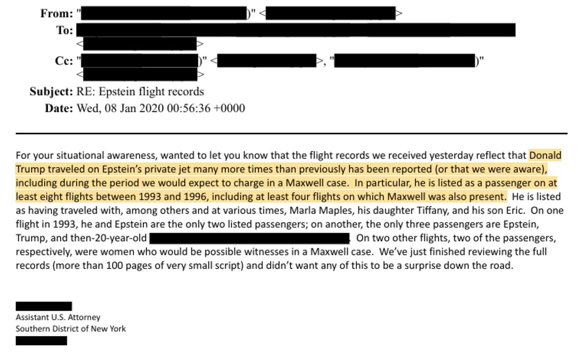 رسالة بريد إلكتروني مؤرخة في 8 يناير/كانون الثاني 2020، كتب مساعد المدعي العام الأمريكي للمنطقة الجنوبية من نيويورك أن سجلات الرحلات الجوية للرئيس دونالد ترامب على متن طائرة إبستين الخاصة